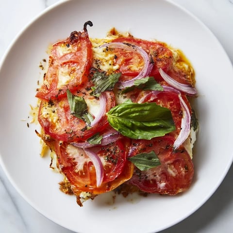 Speedy Feta-Free Tomato Bake with bubbling mozzarella, golden Parmesan, ready to serve with fresh basil.