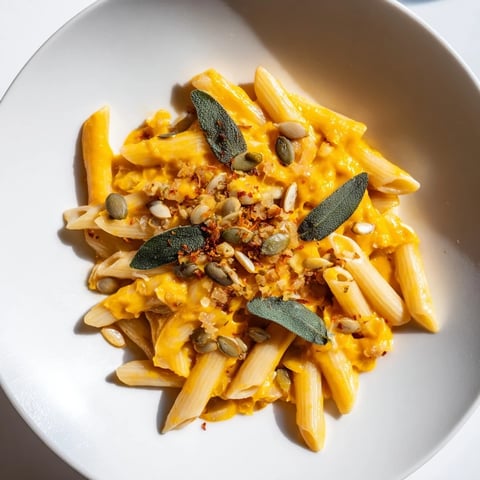 Bowl of creamy Vegan Pumpkin Pasta, garnished with toasted pumpkin seeds and fresh sage.