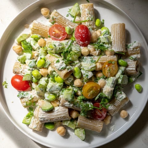 Vibrant Holiday Glow Green Goddess Protein Pasta Salad—a colorful, creamy bowl for a healthy meal.