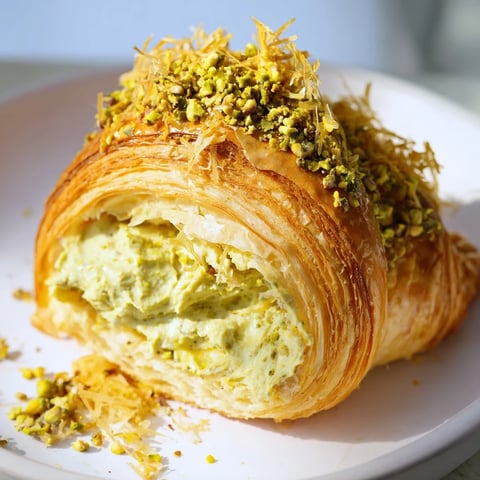 Flaky Pistachio Cream Croissants, a golden pastry layered with crunchy phyllo for a sweet breakfast.