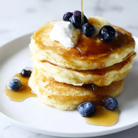 Fluffy cottage cheese pancakes piled high, ready to be served with fresh berries and drizzled syrup.