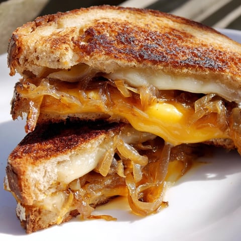 Golden-brown sourdough grilled cheese overflowing with sweet, jammy caramelized onions and melted sharp white cheddar.