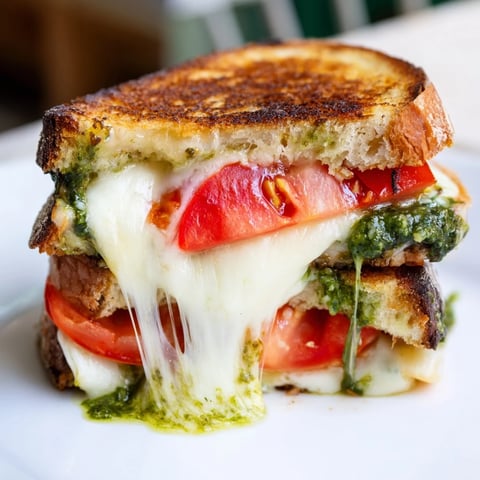Golden-brown Caprese Pesto Grilled Cheese sandwiches rest on a wooden board, with melted mozzarella and fresh tomato slices peeking out from the crispy sourdough.