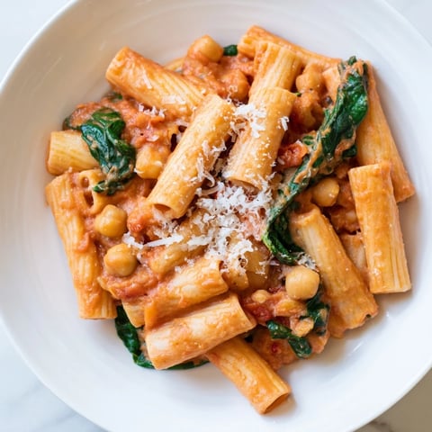 Creamy Tuscan Chickpea Pasta served in a rustic bowl, steam rising from the rich tomato and Parmesan sauce.