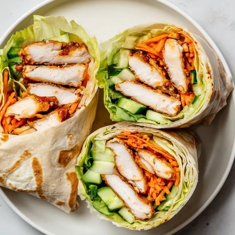 Golden, pan-seared chicken coated in a glossy honey chili crisp sauce, nestled in a soft tortilla with crisp lettuce and sliced cucumber.  