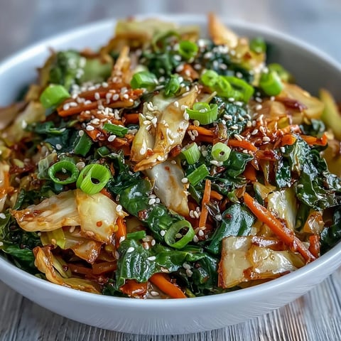 Crisp, vibrant green cabbage and bright orange carrot slices are tossed in a tangy, spicy sauce in a hot wok.