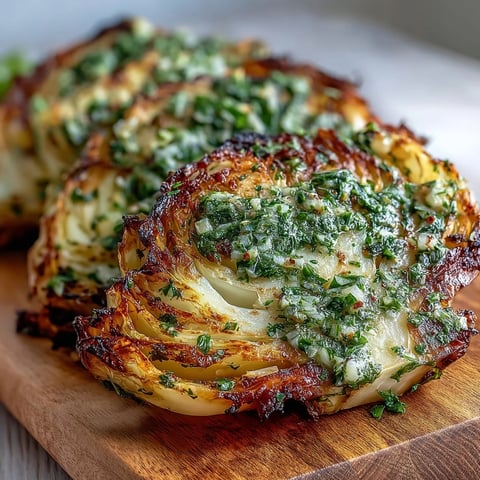 Thick, golden-brown cabbage steaks roasted until caramelized and topped with a vibrant, spicy jalapeño chimichurri sauce.  