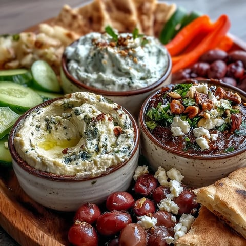 A vibrant Mediterranean brunch board with creamy hummus, smoky baba ganoush, and tangy tzatziki, surrounded by fresh cucumbers and tomatoes.