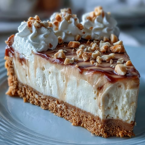 A close-up of Nutter Butter Cheesecake with a peanut butter swirl and a crisp cookie crust, topped with whipped cream.