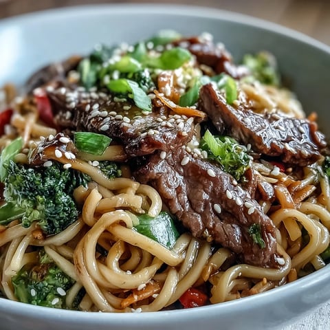 Garnished Korean Beef Noodles with green onions and sesame seeds served in a bowl