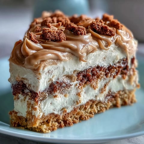 Decadent Baked Biscoff Cake with Creamy Lotus Frosting, featuring golden crumbs and a silky beige frosting swirl ready to serve.