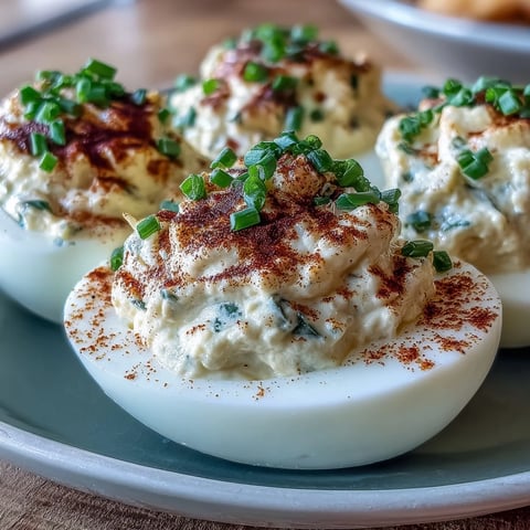Freshly prepared Million Dollar Deviled Eggs garnished with paprika and chives, served on a white platter.