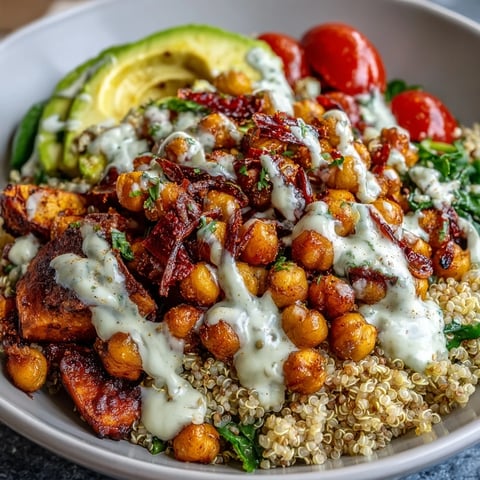 Close-up of a vibrant Buddha Bowl with Quinoa, Roasted Sweet Potatoes, Crispy Chickpeas, Fresh Veggies & Garlic Tahini Dressing, drizzled generously.