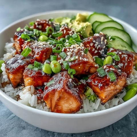 Golden baked salmon cubes glazed with soy and ginger rest on fluffy jasmine rice in a colorful Salmon Rice Bowl, topped with edamame, cucumber, and avocado.