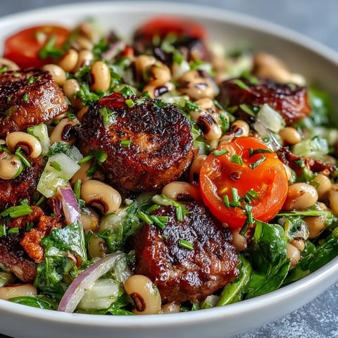 A close-up of Hoppin John Style Black-Eyed Pea Salad, showcasing sautéed turkey sausage, diced red bell pepper, and fresh tarragon tossed in a zesty mustard dressing.