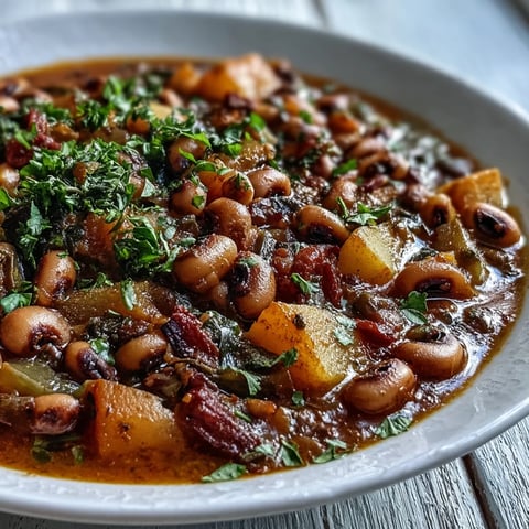A warm bowl of Black-Eyed Pea Stew garnished with fresh parsley, served alongside crusty bread for a hearty American meal.