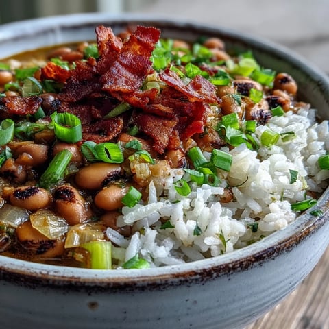 Golden Hoppin John served over fluffy white rice with crispy bacon bits and fresh sliced scallions.