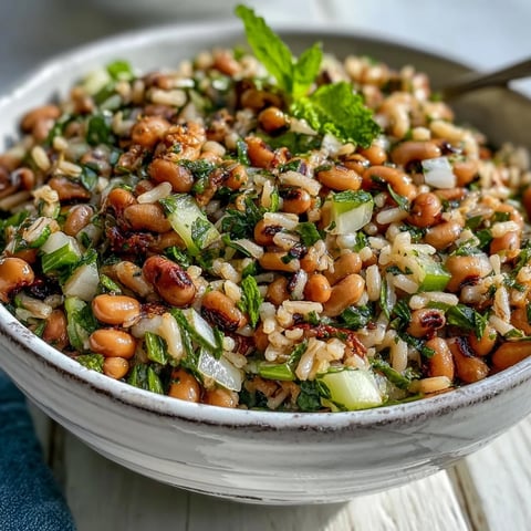 A close-up of Southern Black Eyed Pea Salad featuring brown rice, crisp celery, and red onion in a shiny lemon-mint vinaigrette.