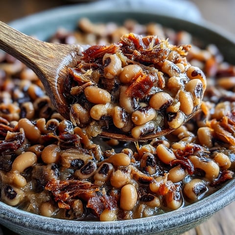 Creamy black-eyed peas with smoked turkey leg in a slow cooker, served with cornbread on the side.  