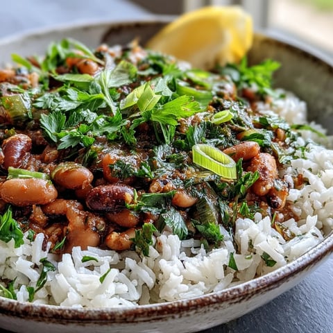 A steaming bowl of Vegetarian Hoppin John served over fluffy white rice, garnished with fresh parsley and green onions.