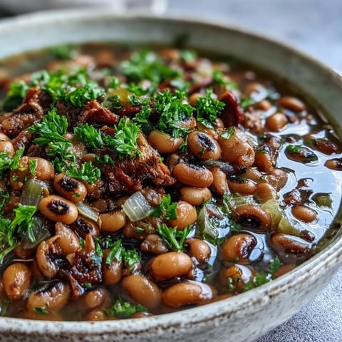 Classic New Years Black-Eyed Peas simmered with smoked pork neck bones until tender, served in a rich, savory Creole broth in a rustic Dutch oven.