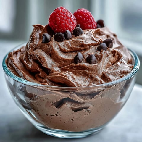 Creamy chocolate protein fluff topped with berries in a glass bowl, a thick and satisfying high-protein snack ready to enjoy.