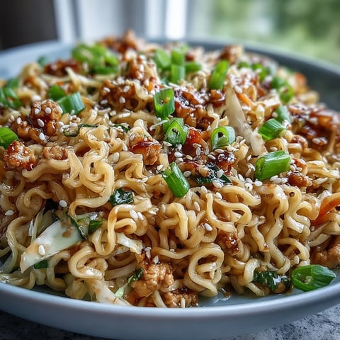 Creamy Potsticker Noodle Stir-Fry with ground turkey and coleslaw mix tossed in a glossy peanut-sesame sauce, served steaming in a bowl