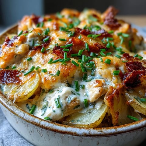 Golden, bubbly cheddar blankets the Creamy Ranch Chicken Potato Bake, revealing tender chicken and sliced potatoes.