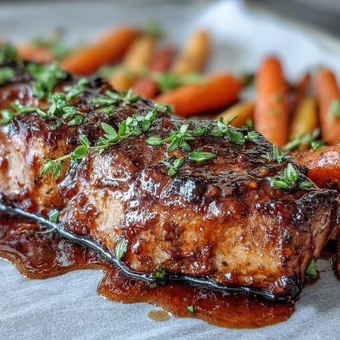 Juicy One-Pan Honey Balsamic Pork Tenderloin with Rainbow Carrots glazed and roasted on a single sheet pan.