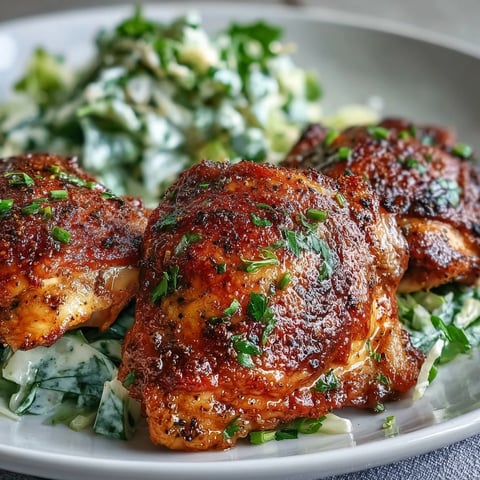 Crispy baked Keto Crispy Chicken Thighs resting next to bright, buttery lemon cabbage slaw on a rustic plate.