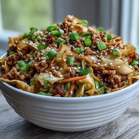 Close-up of Keto Egg Roll in a Bowl with Ground Turkey and Sesame Oil, garnished with fresh green onions and sesame seeds. 
