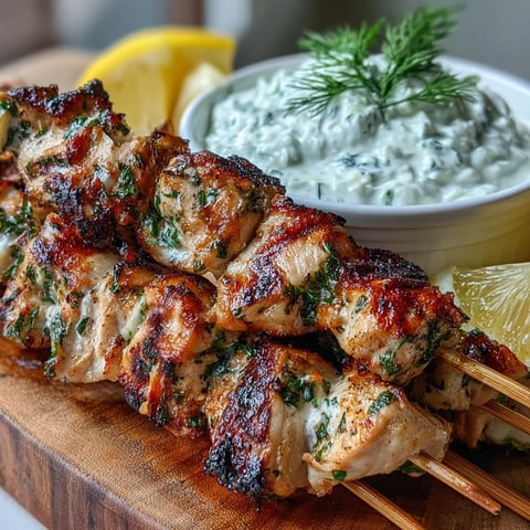 Juicy Light Lemon Herb Chicken Skewers with Tzatziki, freshly grilled with char marks and served with creamy homemade sauce.