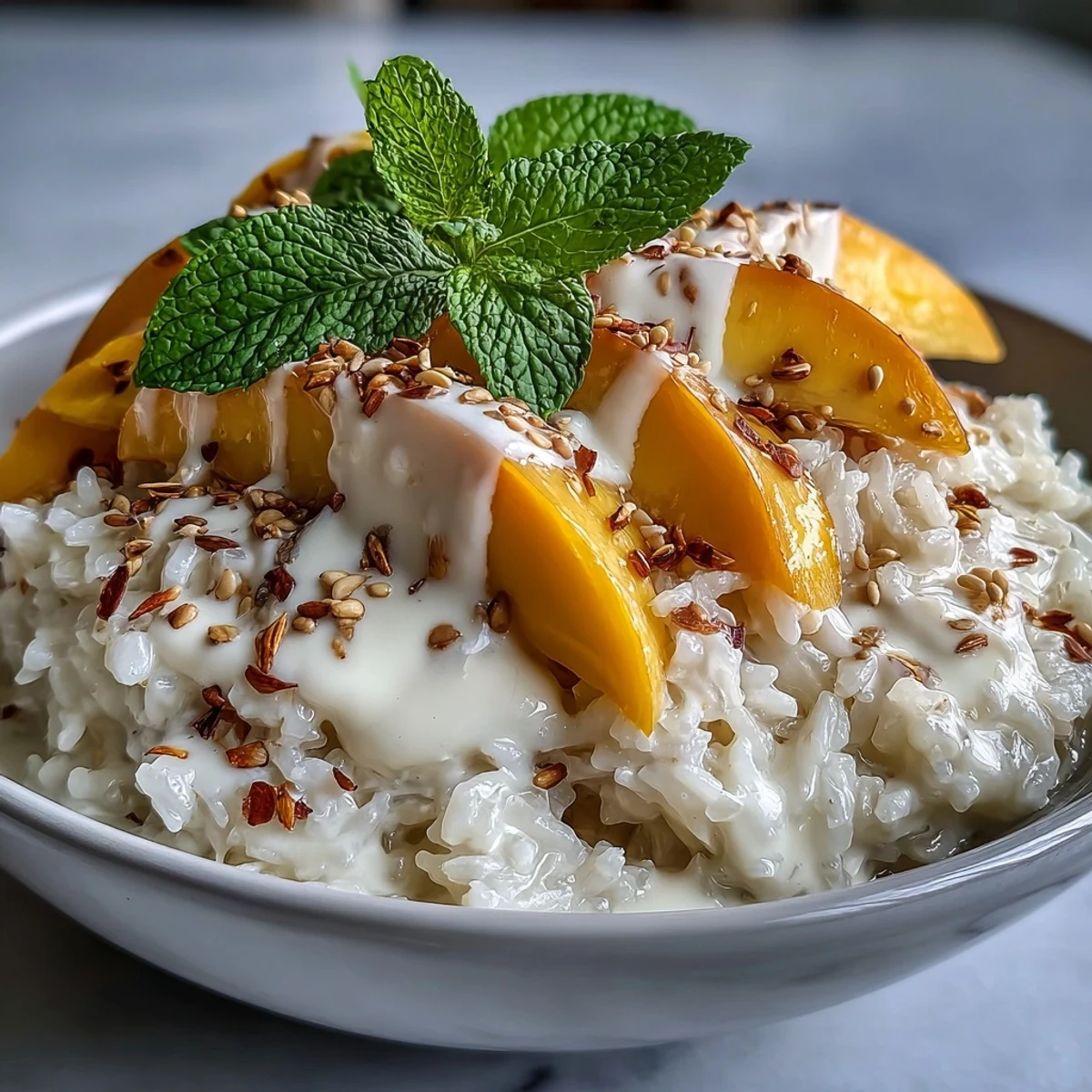 Creamy coconut sticky rice topped with fresh mango slices for a Vegan Mango Sticky Rice Breakfast Bowl.