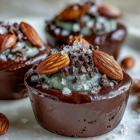 Four small glass cups of Vegan Chocolate Avocado Mousse topped with Sea Salt Crunch and sliced almonds.