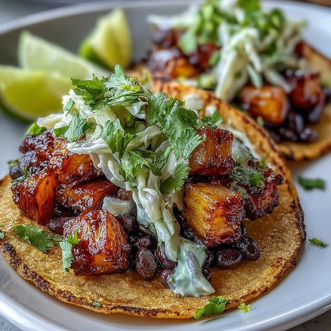 Tropic-Like-Its-Hot Pineapple Black Bean Tacos with Coconut Lime Slaw served on a rustic wooden board with lime wedges and fresh cilantro.  
