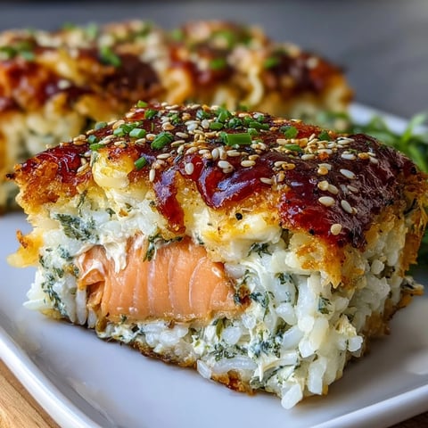 Creamy salmon sushi bake casserole with imitation crab, served warm with seaweed snacks and green onions.  