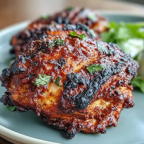 Aromatic tandoori chicken thighs marinated in spiced yogurt, roasted to smoky perfection with a vibrant red hue and charred edges.  