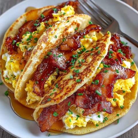 Close up of Maple Bacon Pancake Tacos, fluffy pancakes wrapped around warm eggs and smoky bacon