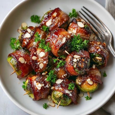 Golden Spicy Maple Bacon Brussels Sprout Bites, fresh from the oven, ready for holiday party serving.