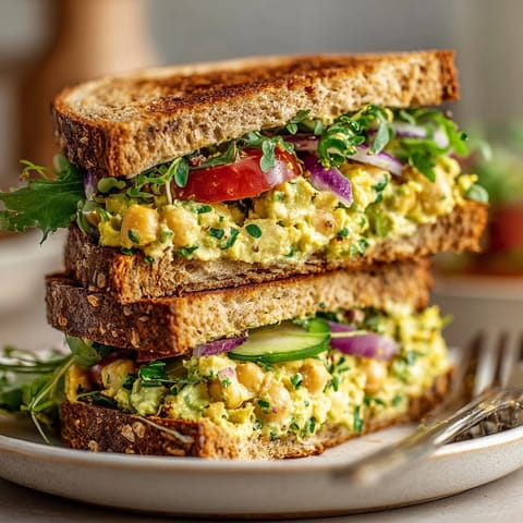 Creamy smashed chickpea &amp; avocado salad sandwich served on hearty whole grain, bursting with flavor.