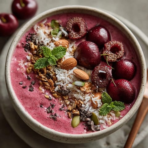 Bright Cherry-Coded Holiday Protein Smoothie Bowl with creamy yogurt and crunchy seasonal toppings