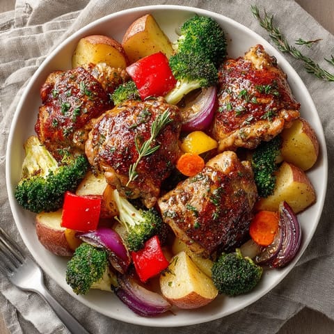 Juicy sheet pan honey garlic chicken thighs nestled among vibrant roasted vegetables, ready for serving