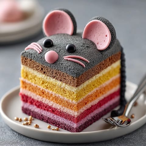 Vibrant rainbow Chaos Cake cut to reveal tender layers inside playful fondant rat shape.