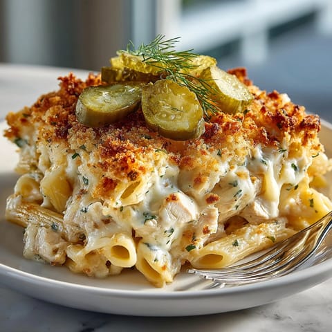 A close-up shot shows the irresistible, crispy pickle chip crust atop this creamy Chicken Pasta Bake.