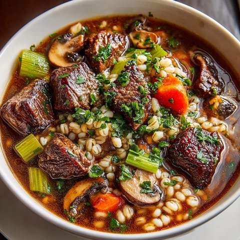 Close-up of flavorful Beef and Barley Soup, garnished with fresh parsley, perfect for a chilly day.