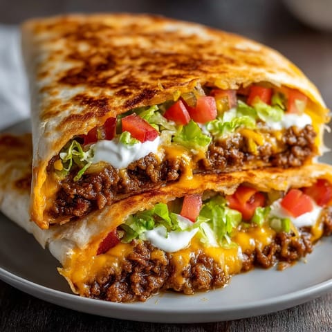 The ultimate homemade Taco Bell Crunchwrap Supreme, filled with melty cheese and seasoned ground beef, ready to eat!