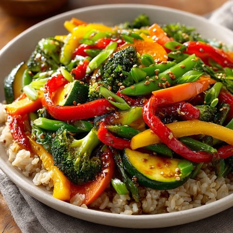 A close-up of the flavorful veggie stir fry, including carrots, and brown rice, ready to eat.