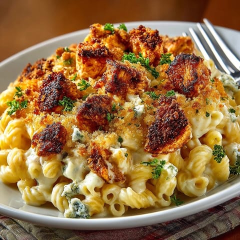 Close-up of bubbling Buffalo Chicken Mac and Cheese in a baking dish, ready to eat and incredibly cheesy.
