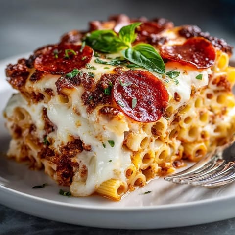 Hearty Pizza Pasta Bake with Pepperoni Chip Topping served in a casserole dish, cheesy and golden brown.