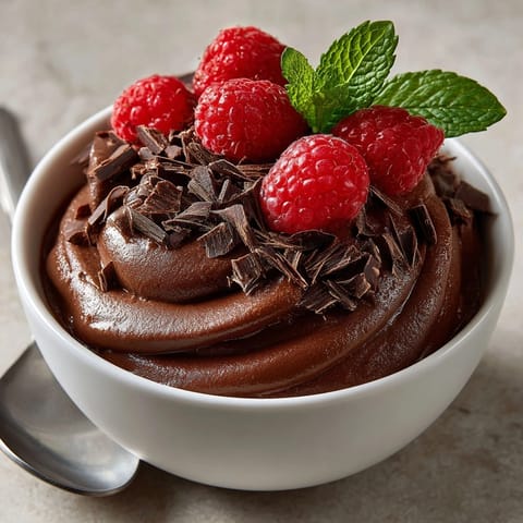 Silky chocolate avocado pudding with creamy texture, garnished with coconut whipped cream and nuts.